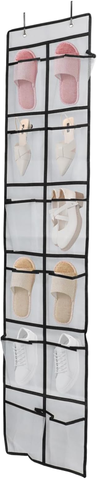 Auvotuis Over the Door Shoe Organizer, 12 Mesh Pockets Hanging Shoe Organizer with 4 Metal Hooks (White)