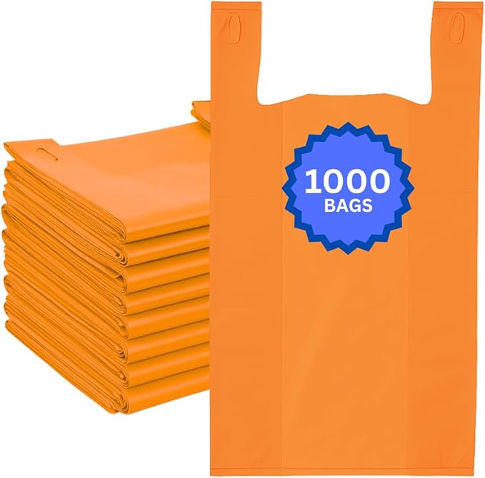 ASSUREPAK Easy Open - 1000 Bags - Colored Unprinted HDPE T-Shirt Bags - 1/6 BBL 11.5"X6"X21" - 13 microns - Orange - Perfect for Groceries, Shopping and Retail Stores LOOP-ORANGE-EO