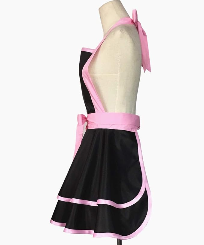 Hyzrz Lovely Handmade Cotton Retro Black Aprons for Women Girls Cake Kitchen Cook Apron for Mother's Gift (Pink)
