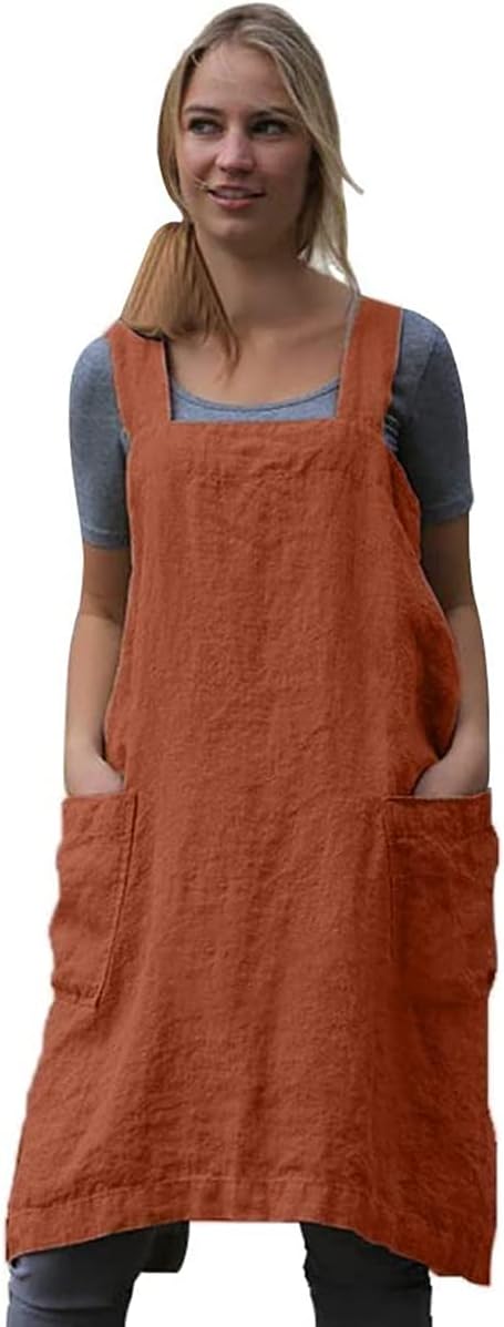 Women's Practical Cross Back Pinafore Apron with Large Pockets Home Kitchen,Restaurant,Coffee house,Cooking Gardening Works