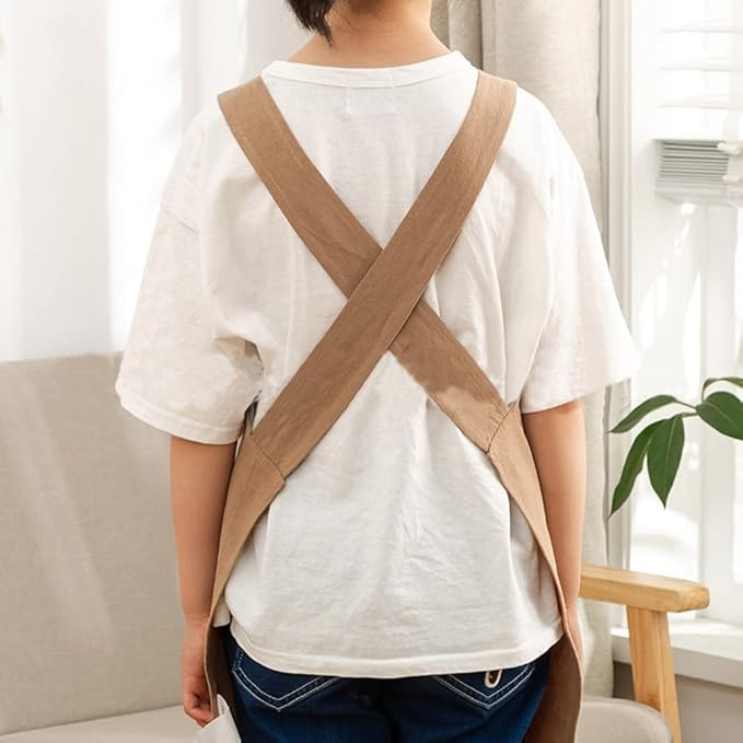 Kids Cotton Cross Back Aprons Children Chef Pure Child Apron with 2 Pockets for Baking Painting Cooking
