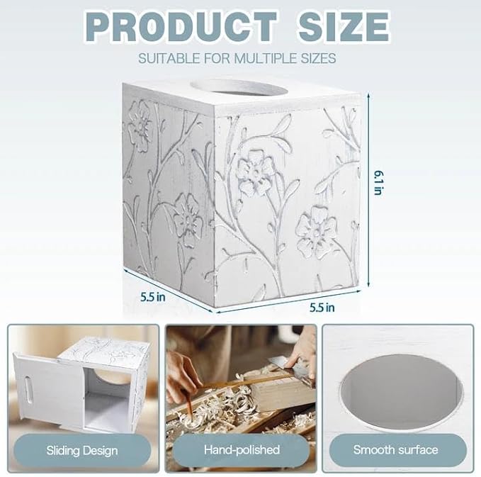 Tissue Box Cover Square, Carved Flowers Wooden Tissue Box Holder with Slide-Out Bottom, Decorative Cube Wall Mounted Tissue Holder for Desktop Nightstand Bathroom Office, Rustic Farmhouse Home Decor