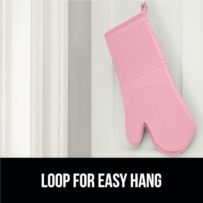 GORILLA GRIP BPA-Free Soft Silicone Oven Mitts, Heat Resistant and Waterproof Cooking Gloves, Thick Cotton Lining, Flexible Gripping for Baking Grilling, Kitchen Potholders Set of 2, 12.5x8.3, Pink
