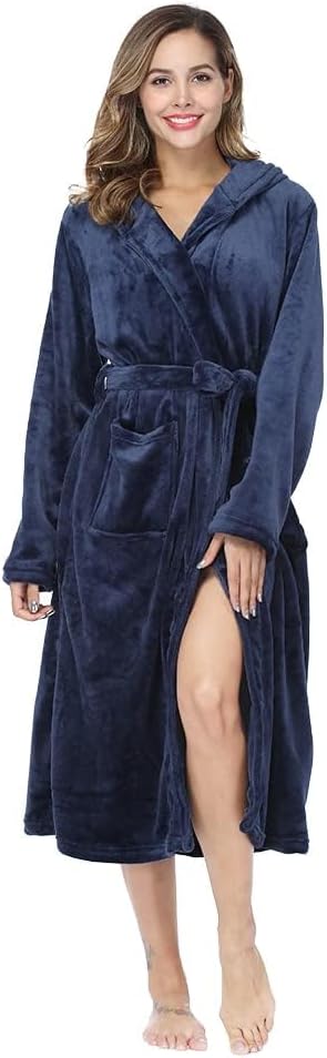 RONGTAI Womens Robes Plush Fleece Hooded Bathrobe Thick Nightgown with Pockets Fluffy Sleepwear