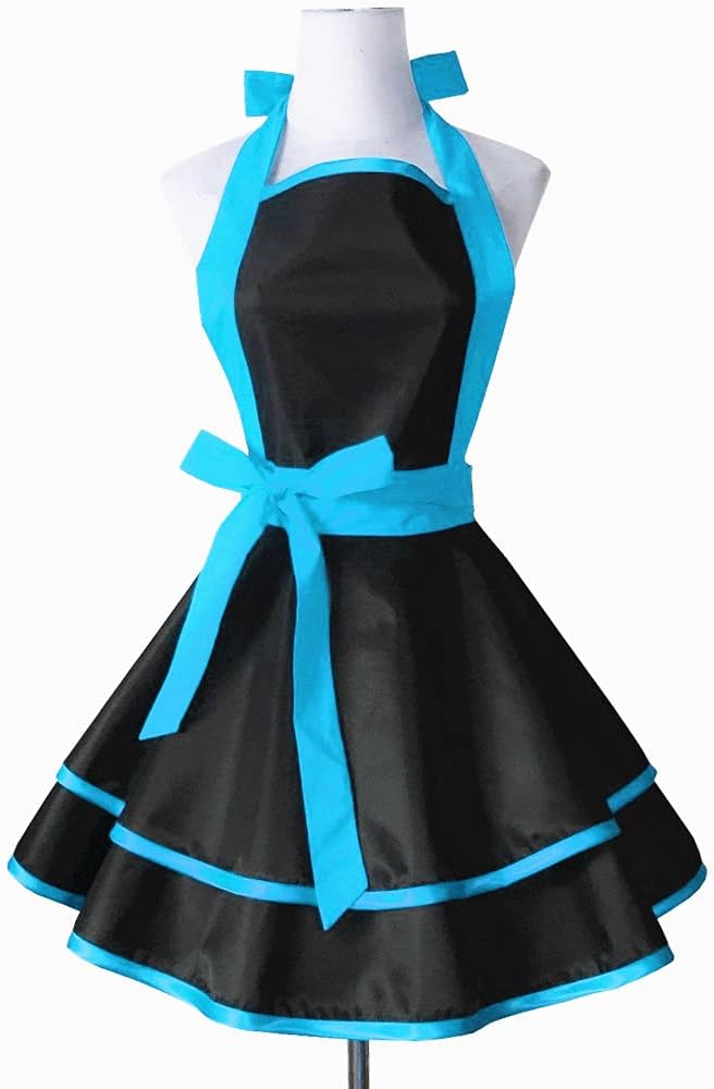 Hyzrz Lovely Handmade Cotton Retro Black Aprons for Women Girls Cake Kitchen Cook Apron for Mother's Gift (Blue)