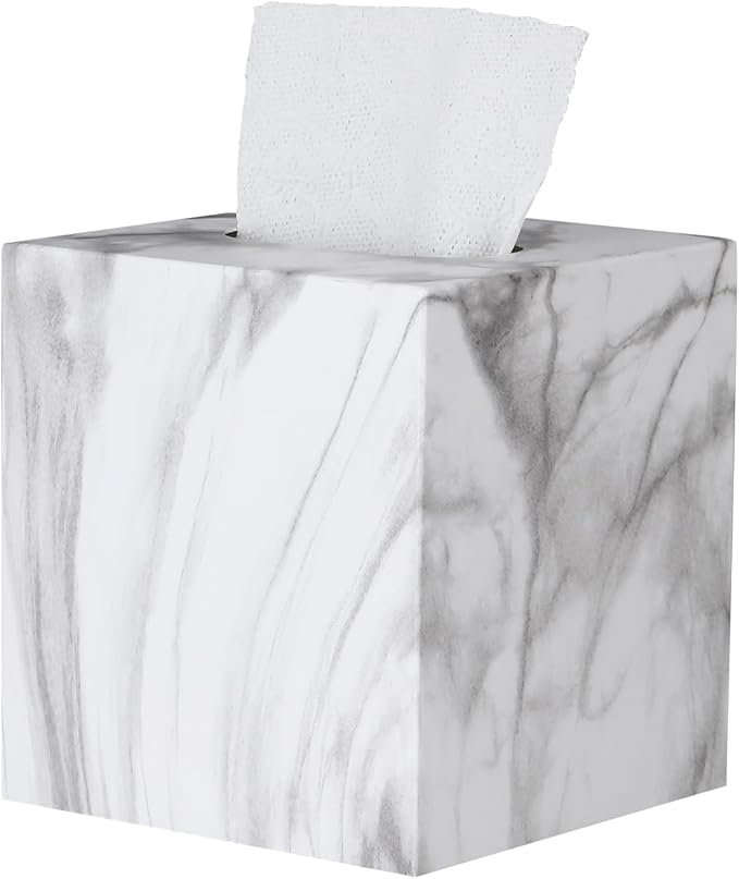 HOUSE DIARY Metal Square Tissue Box lid, Modern Facial Tissue Holder for Bathroom Vanity Tops, Bedroom Dressers, Nightstands, Desks, Offices (Marble White)