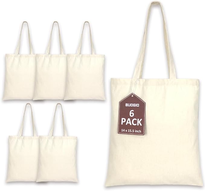 BUOGIO 6 Pack Natural 10oz Plain Canvas Tote Bags Bulk Blank Reusable Shopping Bag 14" x 15.5" for Custom Printing, Promotional, Gifts