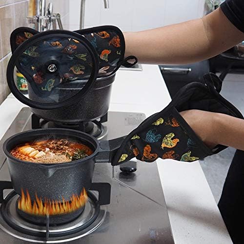 Pot Holders Set of 2 Heat Resistant 480 ℉Non Slip Clear Silicone Printed Comfortable Cotton Lining Kitchen Women Men Cooking Baking Microwave Machine Washable (Rooster, Black Potholders)