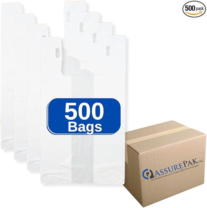 Easy Open - White Unprinted HDPE T-Shirt Bags 13"x10"x23" with handles – 500 Bags – 14 Microns - 1/5 BBL – Perfect for Supermarkets, Grocery Shopping and Store Purchases
