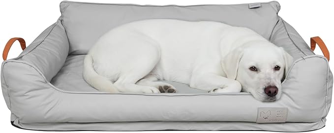 Removable Orthopedic Dog Beds for Large Dogs, Leather Memory Foam Dog Sofa Bed, Waterproof Durable Dogs Bed Couch with Non Skid Bottom for All Pet Sizes (Silver Gray, Medium)