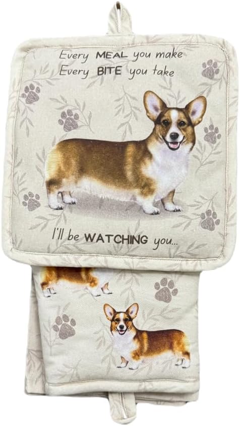 Welsh Corgi 3-Piece Kitchen Set - Oven Mitt, Pot Holder & Kitchen Towel Set, Heat Resistant up to 420 F, Soft Quilted Cotton for Cooking, Baking, BBQ, Pet Lover Gifts (Welsh Corgi)