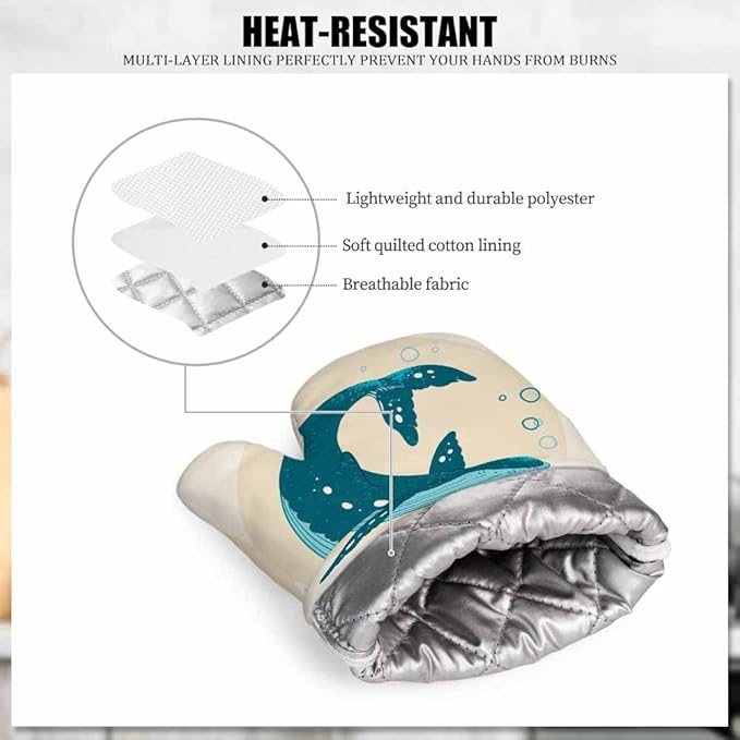 Mxocom Watercolor Whale Heat-Resistant Oven Mitts and Pot Holder Sea Theme Marine Life Coastal Modern Design Cool Ring Circle Kitchen Non-Slip Cooking Microwave Gloves for Cooking Baking Grilling