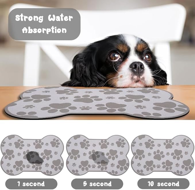 Dog Food Mats for Floors Waterproof, Pet Feeding Absorbent Water Bowl Mat Cat Placemats Gray Bone Shape 19 * 12 inch