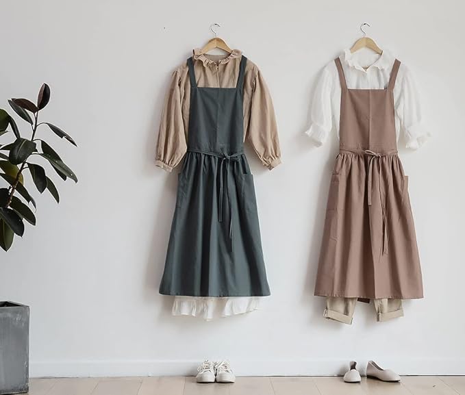 Japanese apron Women-Cross Back Apron for Women with Pockets, Pinafore Aprons, Womens Cotton Linen Apron