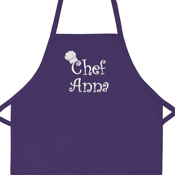Made in the USA Chef Any Name Child Personalized Embroidered Premium Child Apron for Kids Girls Boys Fun in the Kitchen Gift Purple Long