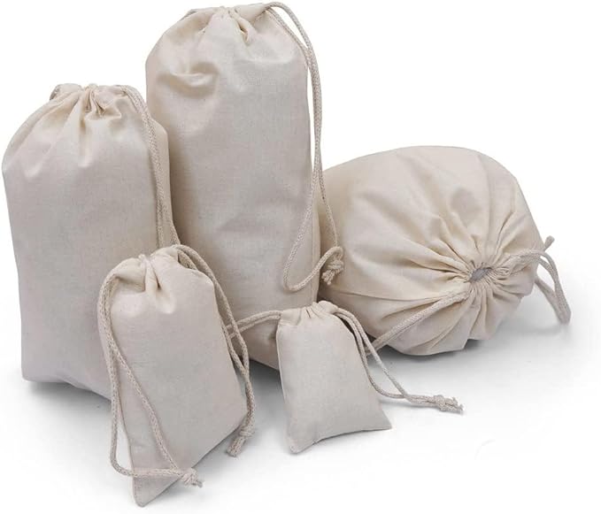 BigLotBags 100Pcs 5 x 8 Inches Premium Cotton Muslin Double Drawstring Bags, Reusable Bag Natural Cotton Bags with Drawstring Produce Bags Bulk Gift Bag Jewelry Pouch for Party Wedding Home Storage