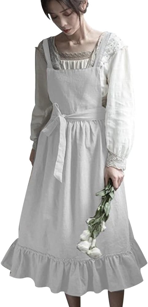 ODIZLI Frill Apron for Women Cotton Cross Back Vintage Ruffle Apron for Garden Cooking Aprons