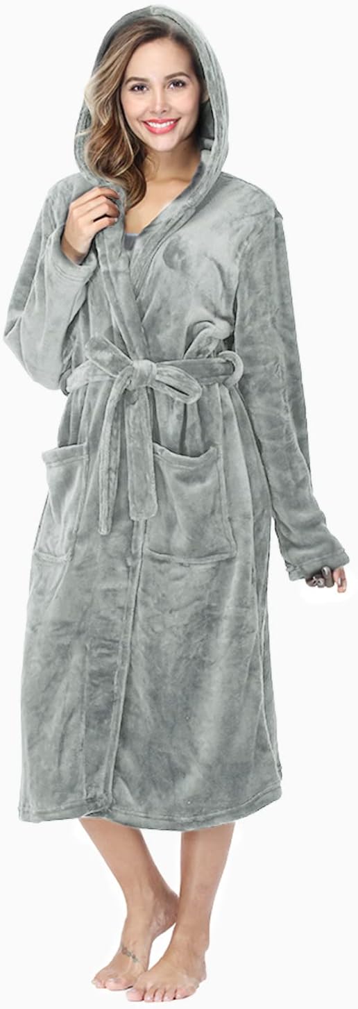 RONGTAI Womens Robes Plush Fleece Hooded Bathrobe Thick Nightgown with Pockets Fluffy Sleepwear