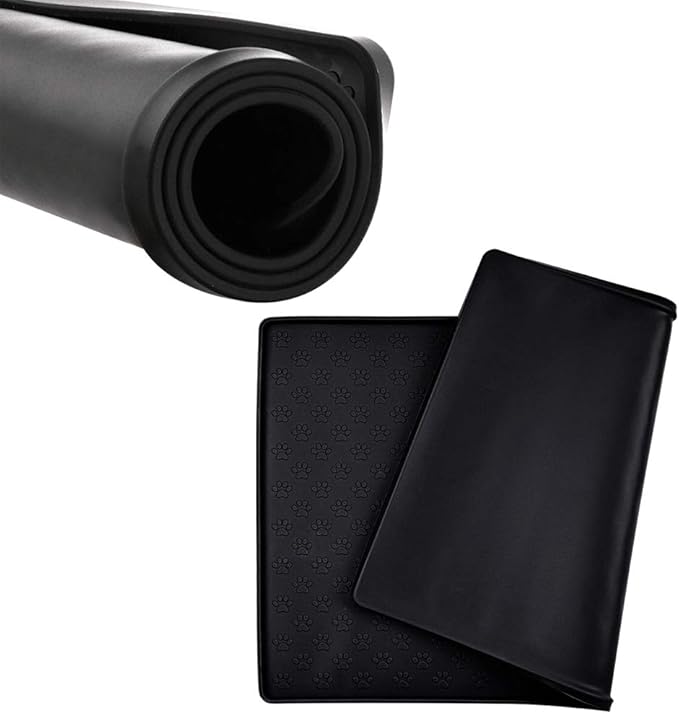 Dog Food Mat, Silicone Dog Cat Bowl Mat, Non Slip Pet Feeding Mat Waterproof Dog Placemat for Small Animals (18.5"x11.8", Black Paw Pattern)