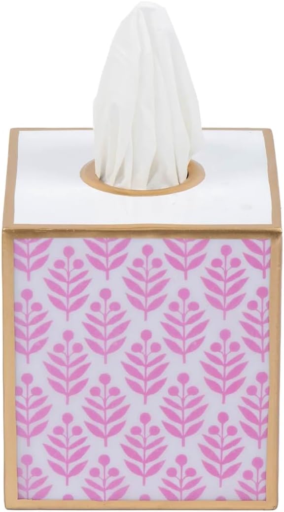 Jaye's Studio Lottie Cube Tissue Box Cover Square, Enameled Metal Gold Tissue Holder for Bathroom, Bedroom, Office, Vanity Pink and White Bathroom Decor Accent, Floral Boho Bathroom Accessories Decor