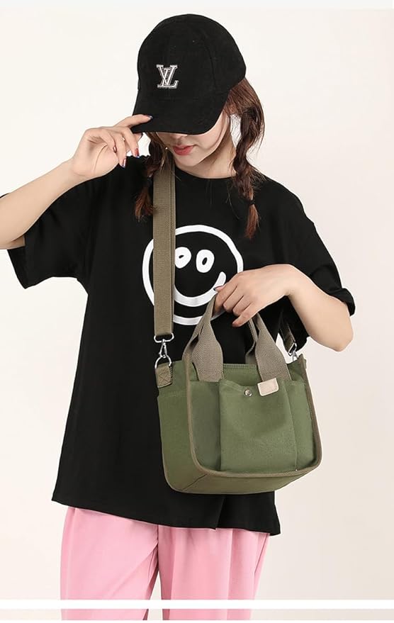 Small Canvas Tote Bag with Zipper, Canvas Multi-Pocket Crossbody Bag Purse Top Handle Satchel Handbags