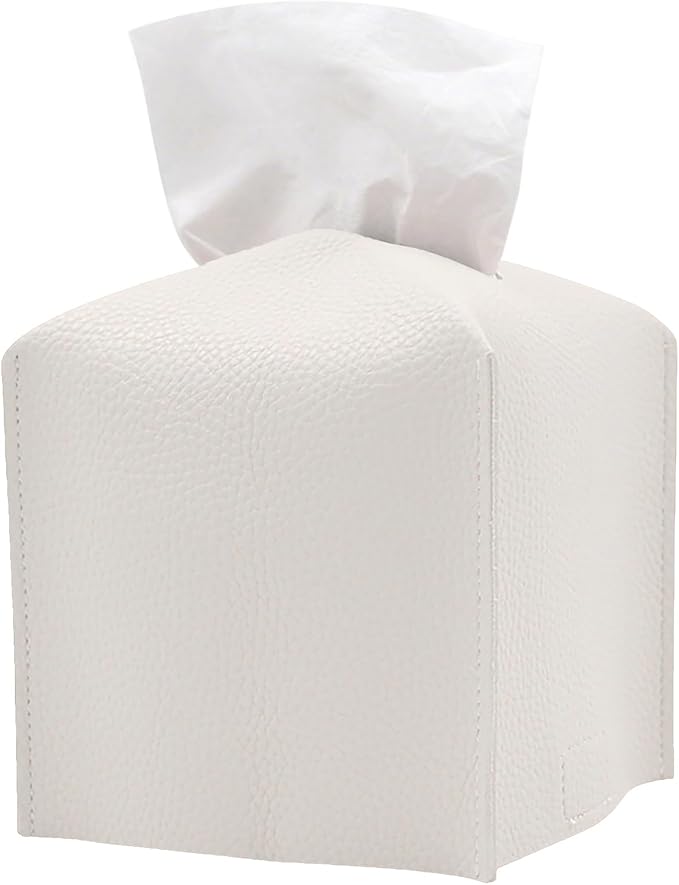 Hapforever 1PC Square Tissue Box Cover, PU Leather Square Tissue Box Holder with Bottom Belt Modern Tissue Box Organizer for Bathroom/Car/Hotel/Office (5.25”x5.25”x5”, White)