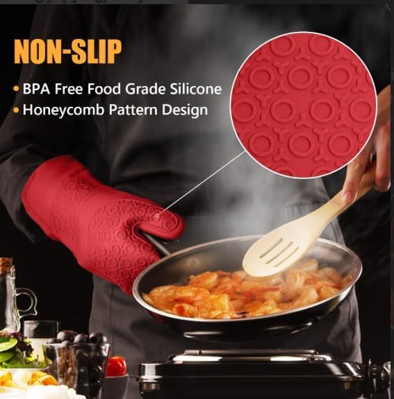 BPA-Free Soft Silicone Oven Mitts - Ultra Heat Resistant Oven Mitts with Thick Cotton Liner - Extra Long Slip Resistant Pot Holders, Flexible Oven Gloves - Red/Black 14.7"