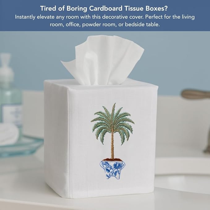 Jacaranda Living Square Tissue Box Cover, Linen/Cotton Fabric Tissue Holder, Decorative Cloth Tissue Cube Cover, Coastal Designs Sand Dollar (Blue)
