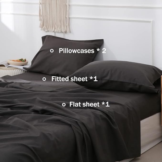 Simple&Opulence Belgian Linen Sheet Set Solid Color - 4 Pieces (1 Flat Sheet, 1 Fitted Sheet & 2 Pillowcases) Natural Flax Cotton Blend Soft Breathable Farmhouse Bedding - Full Size, Dark Grey