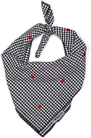 THE WORTHY DOG Classic Tie-On Dog Bandana – Soft Cotton Flannel Square Pet Bandana, Gingham Hearts Pattern, Black, Small