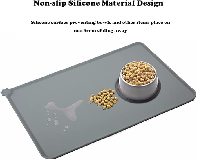 Love Dream Silicone Pet Feeding Mat, Waterproof Dog Cat Bowl Mat, Raised Edges to Prevent Spills, Easy Clean Nonslip Dogs and Cats Placemat Tray to Stop Food and Water Bowl Messes on Floor (Grey)