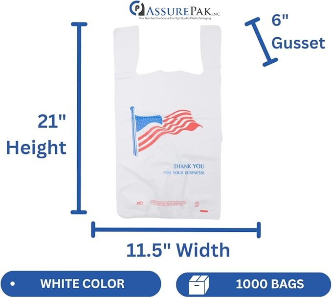 ASSUREPAK Easy Open - White Usa/American Flag Print HDPE T-Shirt Bags - 1/6 BBL 11.5"X6"X21" - 1000 Bags - 13 microns - White - USA13M100016-EO
