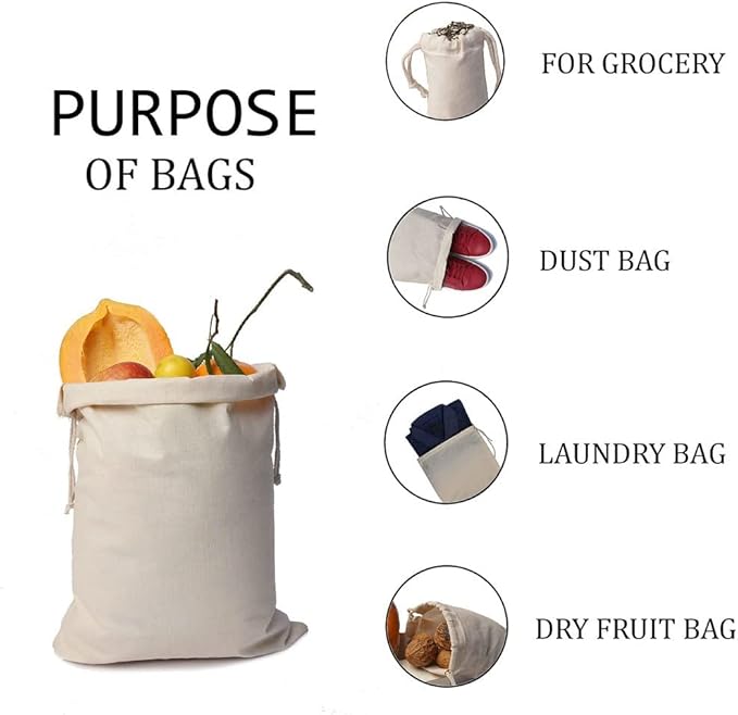 BigLotBags 100Pcs 5 x 7 Inches Premium Cotton Muslin Double Drawstring Bags, Reusable Bag Natural Cotton Bags with Drawstring Produce Bags Bulk Gift Bag Jewelry Pouch for Party Wedding Home Storage