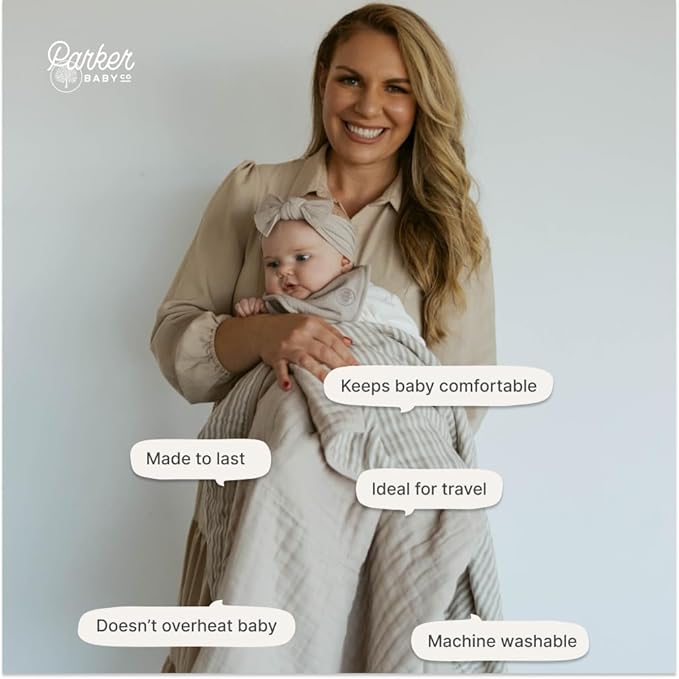 Parker Baby Muslin Blanket | 100% Soft Cotton Toddler Quilt & Baby Muslin Swaddle | Gender Neutral Design 47" x 47" Blanket