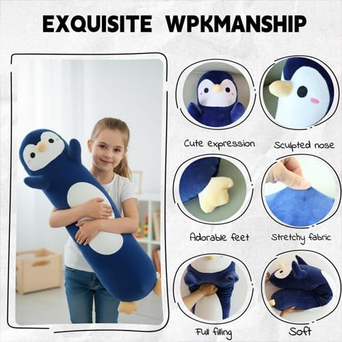 Somao Penguin Plush Pillow - 23.6 Inch Long Stuffed Animal, Ultra Soft Cuddle Pillow for Kids & Adults, Huggable Penguin Toy Gift for Birthday, Christmas, Valentine's Day (Dark Blue)