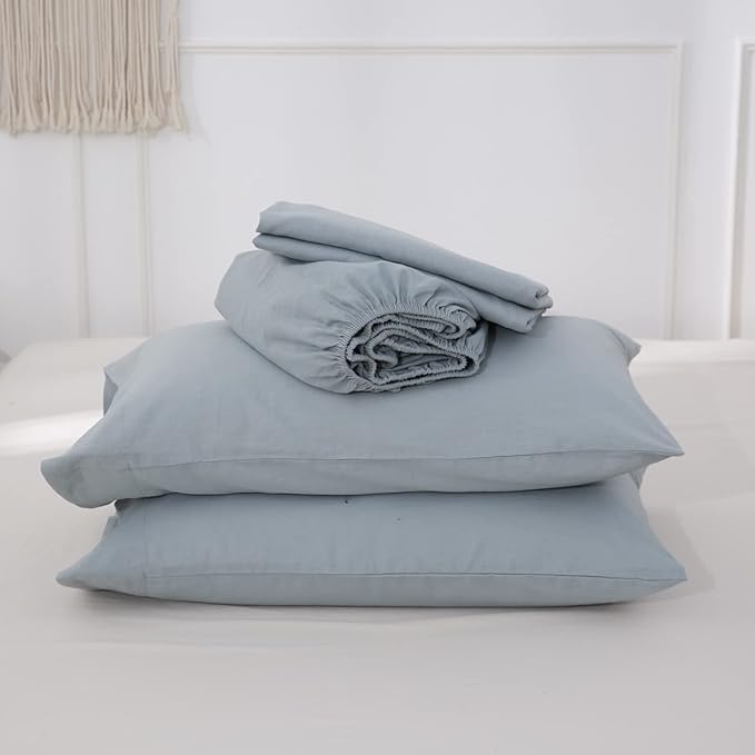 Simple&Opulence Belgian Linen Sheet Set Solid Color - 4 Pieces (1 Flat Sheet, 1 Fitted Sheet & 2 Pillowcases) Natural Flax Cotton Blend Soft Breathable Farmhouse Bedding - King Size, Dusty Blue