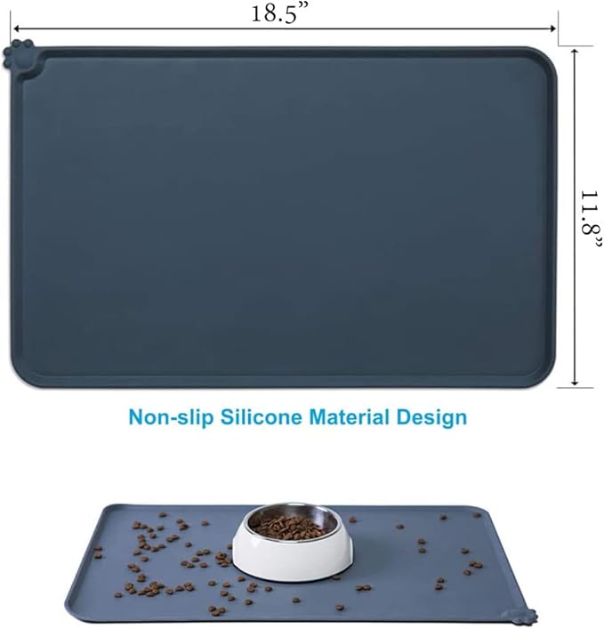 Silicone Dog Cat Bowl Mat，Waterproof Slip Resistant Silicone Pet Feeding Mat，Anti-Slip Pet Bowl Mats Cats and Dogs Food Water Placemat Tray，Raised Edges to Prevent Water Spills on Floor (Blue)