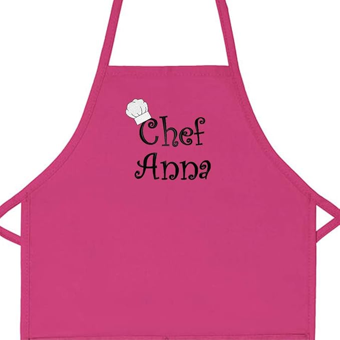 Made in the USA Chef Any Name Child Personalized Embroidered Premium Child Apron for Kids Girls Boys Fun in the Kitchen Gift Hot Pink Long