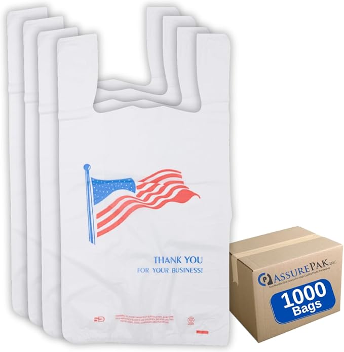 ASSUREPAK Easy Open - White Usa/American Flag Print HDPE T-Shirt Bags - 1/6 BBL 11.5"X6"X21" - 1000 Bags - 13 microns - White - USA13M100016-EO