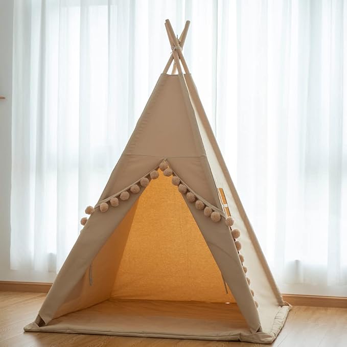 RONGFA Kids Teepee Tent with Lights &Large Pompoms & Carry Bag, Machine Washable Tent for Kids Indoor, Toddler Teepee for Girls & Boys（Without Mat）