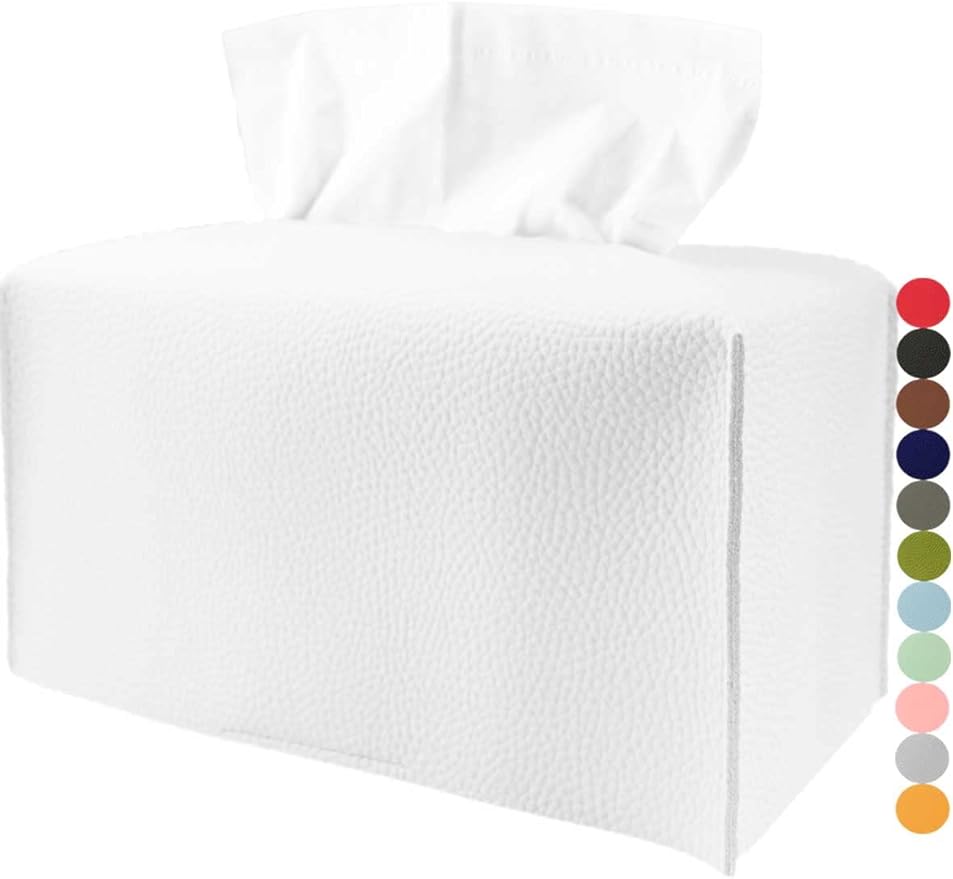 Leather Tissue Box Cover Rectangular – with Bottom Belt [JESMINI, White] Modern PU Leather Long Rectangle Tissue Box Cover Decorative for Bathroom Vanity Countertop/Night Stands/Office Desk