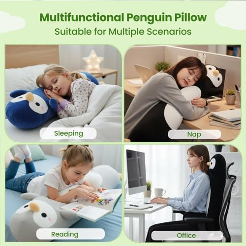 Somao Penguin Plush Pillow - 43.3 Inch Long Stuffed Animal, Ultra Soft Cuddle Pillow for Kids & Adults, Huggable Penguin Toy Gift for Birthday, Christmas, Valentine's Day (Black)