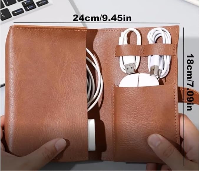 DUWUZEST Vintage leather Electronic organizer travel case,cord organizer travel, Leather charger shortage for essentials mouse, adapter, cables (brown with elastic band)