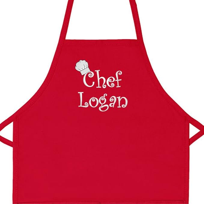 Made in the USA Chef Any Name Child Personalized Embroidered Premium Child Apron for Kids Girls Boys Fun in the Kitchen Gift Red Long