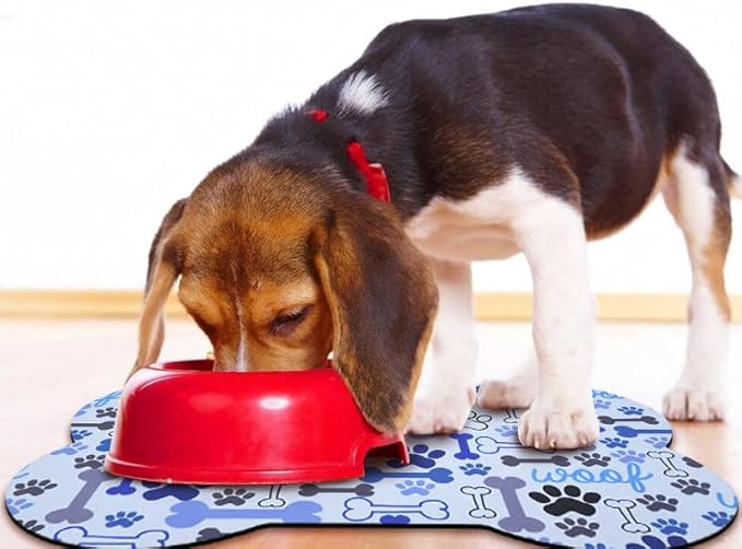 Dog Food Mats for Floors Waterproof, Pet Feeding Absorbent Water Bowl Mat Cat Placemats Blue Bone Shape 19 * 12 inch