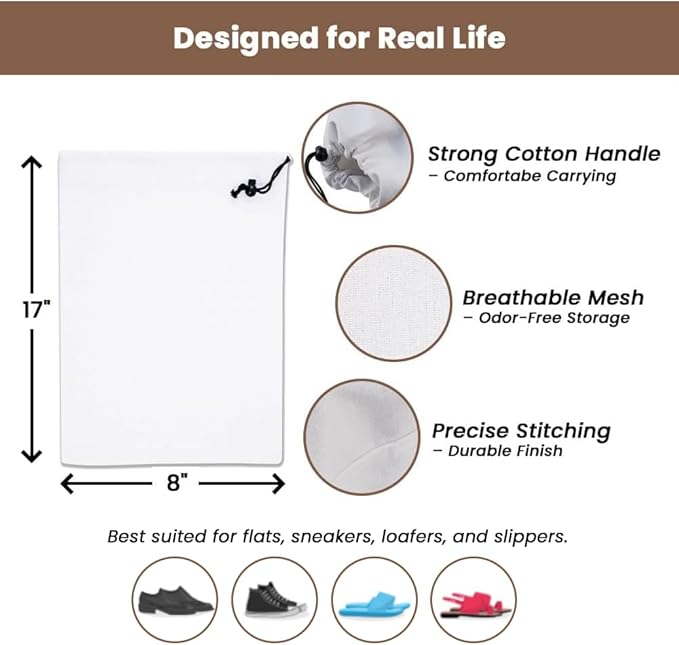 LFH Cotton Rich Shoe Storage Bags with Drawstring, Dustproof Breathable Reusable Organizer, Perfect For Travel, Dorm, Hotel, College, Gym, Easy to Carry, Machine Washable 8"x17" (Pack of 2) - White