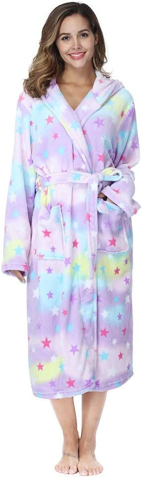RONGTAI Womens Robes Plush Fleece Hooded Bathrobe Thick Nightgown with Pockets Fluffy Sleepwear