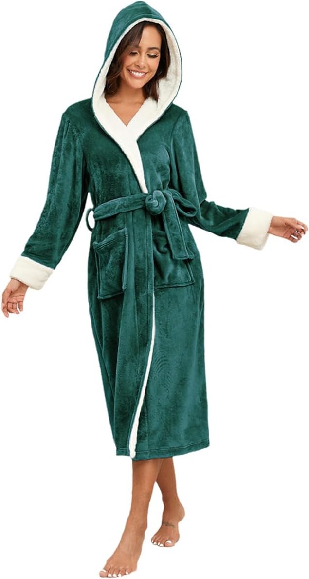 RONGTAI Womens Plush Fleece Hooded Bathrobe, Thick Nightgown Long Robe Sleepwear with Two Side Pockets and Belt