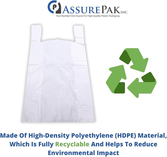 ASSUREPAK White Unprinted HDPE T-Shirt Bags 16"x8"x30" – 500 Units – 16 Microns –Perfect for supermarkets, convenience stores, restaurants, and retail shops