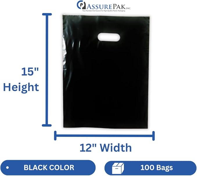 ASSUREPAK Black Plastic Merchandise Bag - 100 Bags - LDPE Die Cut Handle Bag for Retail, Store, Market, Convenience Store - 12"x15" - 1.5 mil